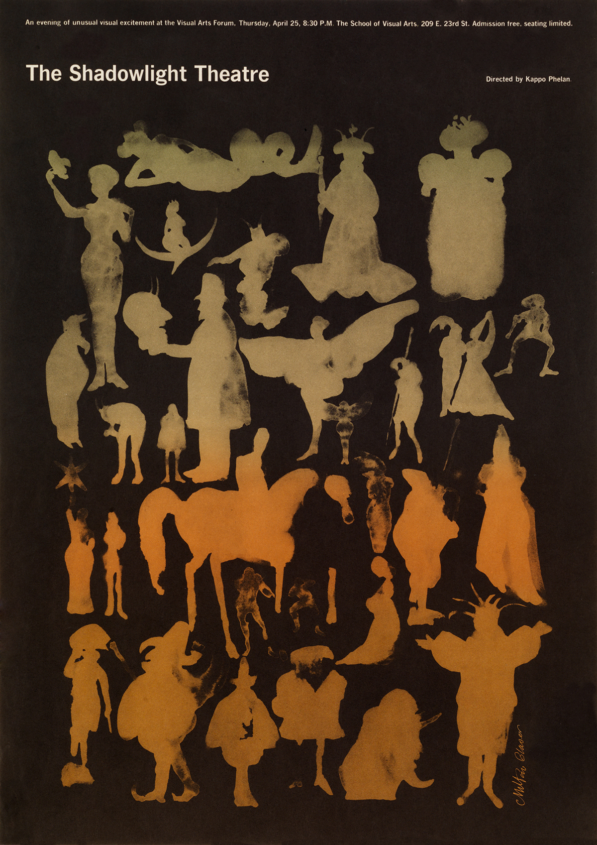 Event poster with orange and green figures on black background